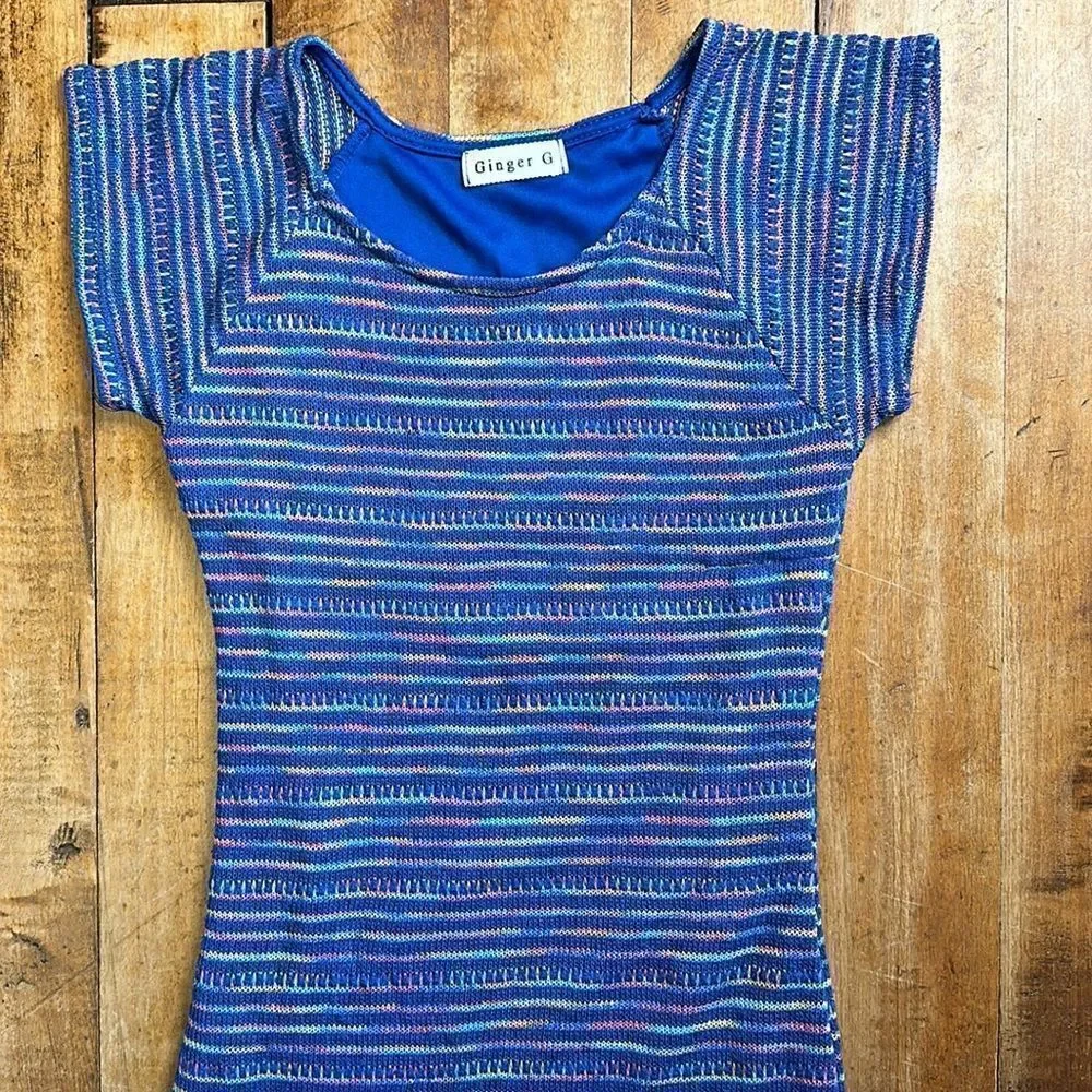 Ginger G Dress size XS Blue and Rainbow Casual Knit Short Sleeve Dress Spring